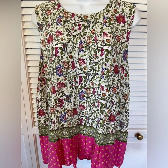 J. Jill Sleeveless Top Pink Green Floral Size Large Petite - Picture 2 of 8